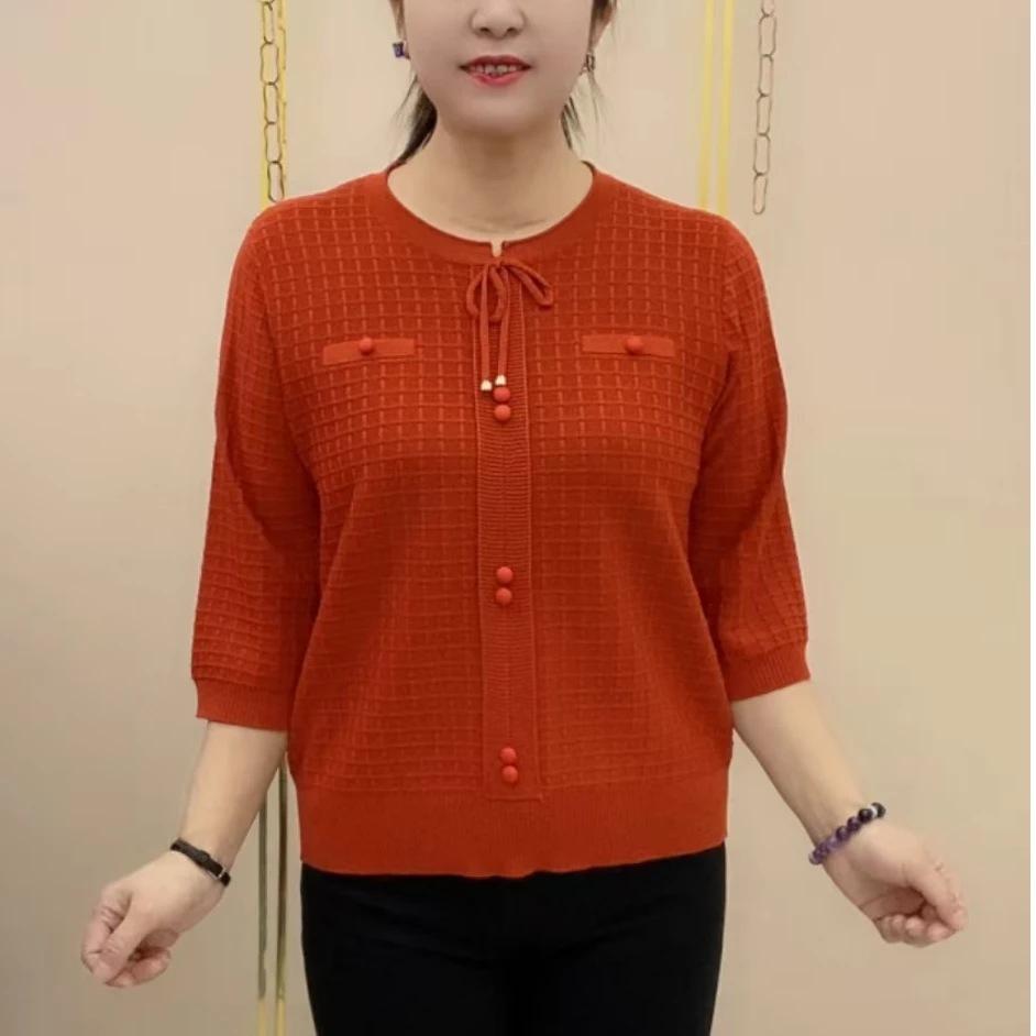 中老年妈妈休闲弹力大码七分袖毛衣2025早春新款时尚高档潮流上衣