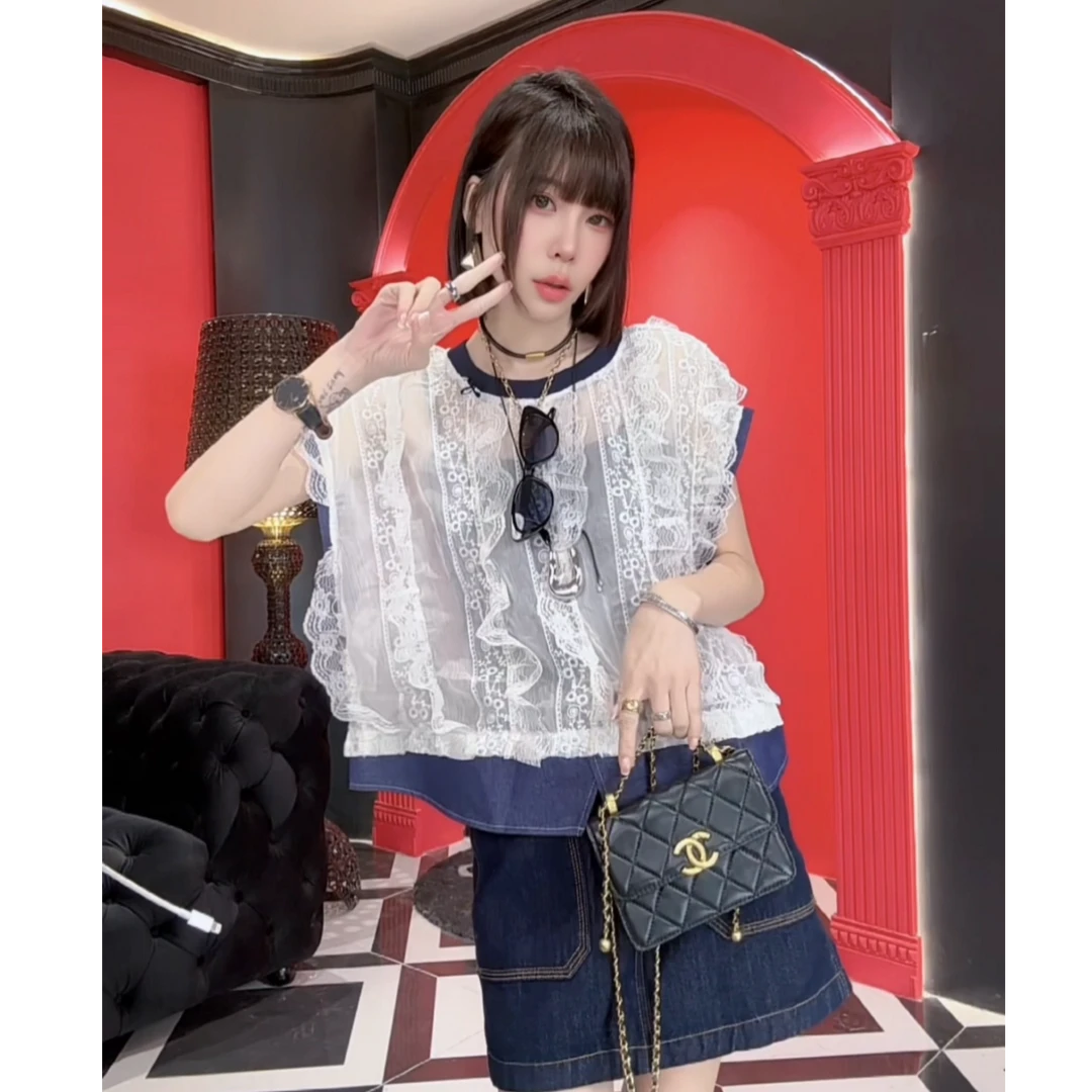 MMD欧货法式提花拼接短袖衬衫女夏季设计感独特洋气衬衣3910