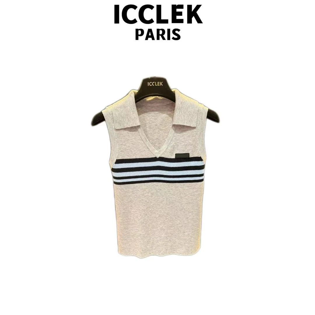 ICCLEK灰色领针织背心百搭无袖休闲时尚夏季简约上衣-5834