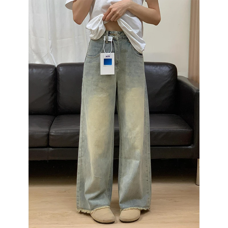 2-300斤大码美式复古毛边牛仔裤女胖mm腿粗屁股大显瘦宽松阔腿裤