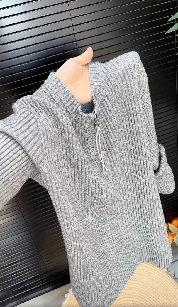 温柔慵懒风半拉链条纹针织衫女秋冬新款灰色显瘦大码气质优雅上衣