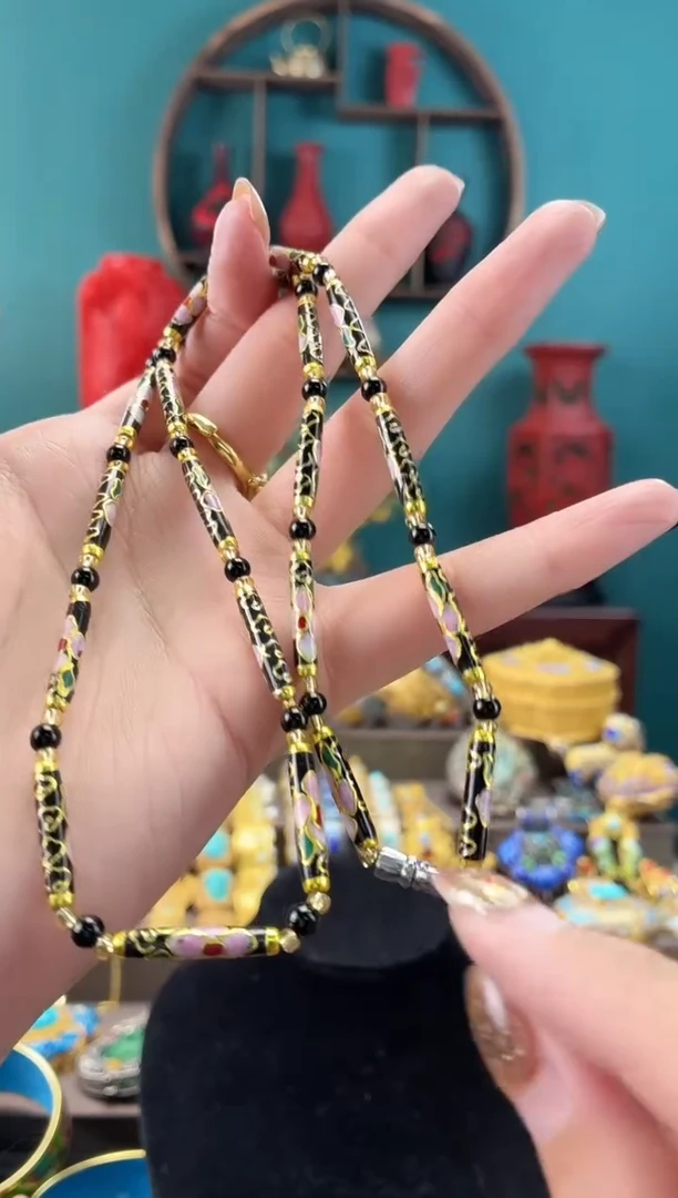 非遗手工景泰蓝竹节项链黑色