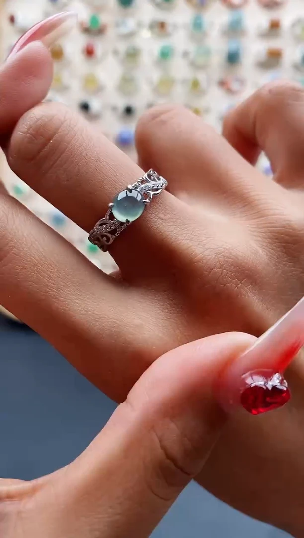 【闪购商品】翡翠戒指银S925镶嵌缅甸天然A货翡翠111 6+9