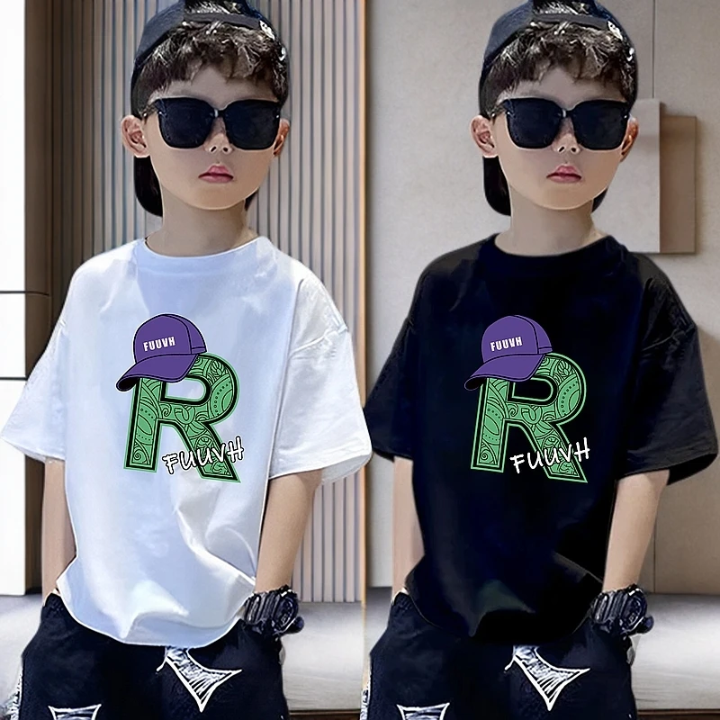 夏季纯棉短袖男童T恤洋气儿童夏装中大童帅气男孩宽松印花上衣服