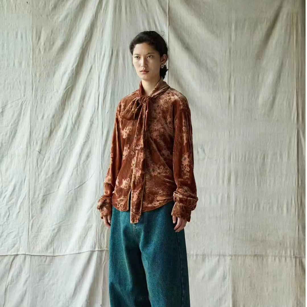 涟香家左岸迷香衬衫1021粉绿系带丝绒长袖衬衣