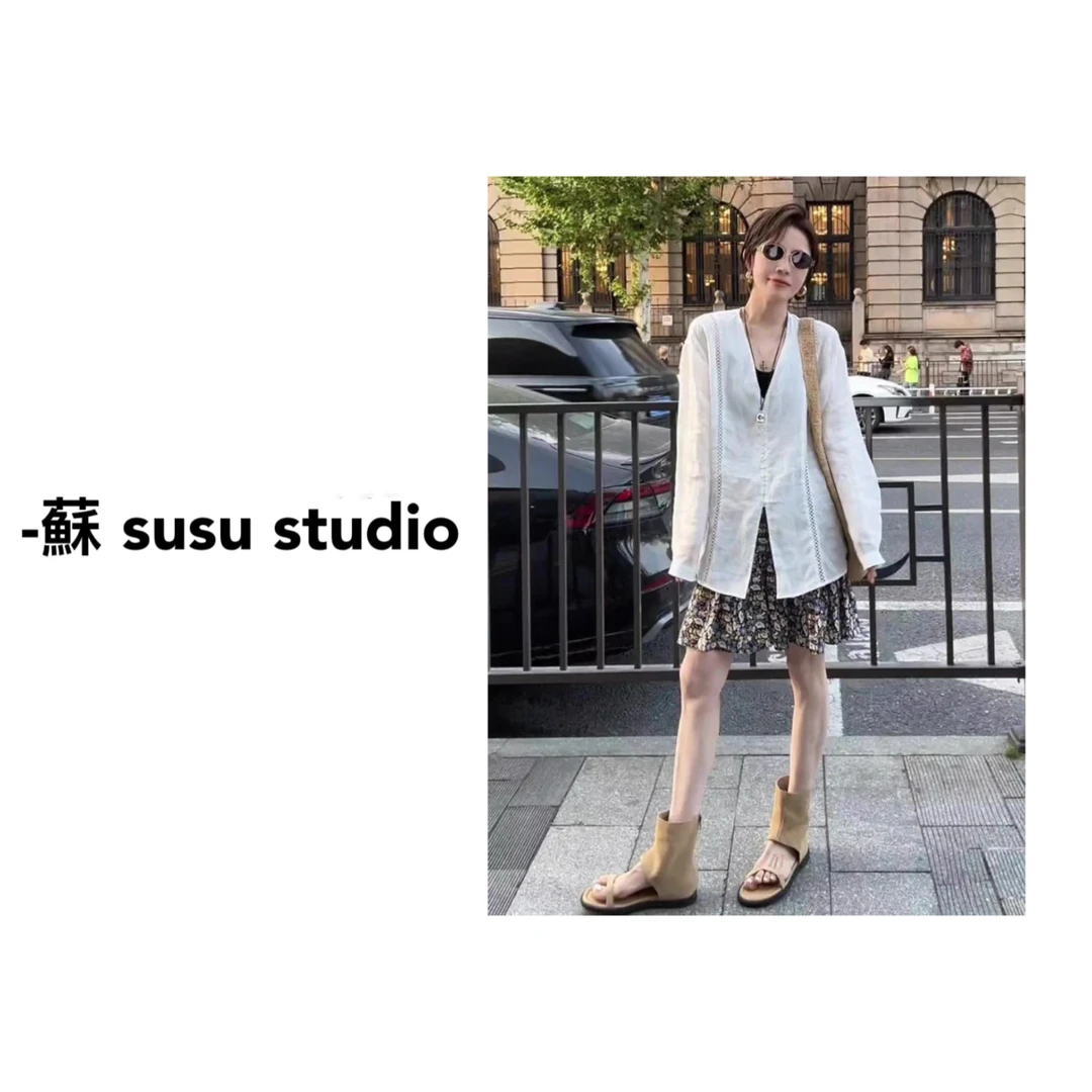 SU 拼接薄款防晒长袖夏季V领衬衫轻奢气质小香风套装  H0292