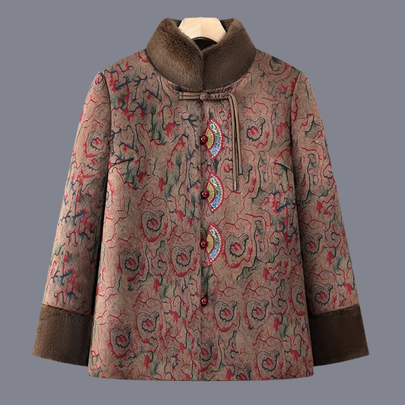 中老年女装碎花加绒女装盘扣外套棉服中老年冬装棉衣棉服袄妈妈装