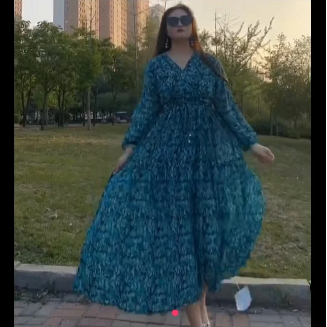 2025年新款时尚气质长款长裙优雅纱料长袖抽腰款大码连衣裙