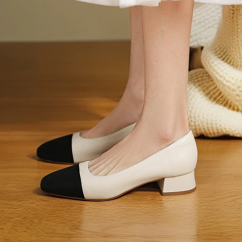 【跟3.5公分】新款浅口真皮方头百搭拼色粗跟单鞋舒适女鞋