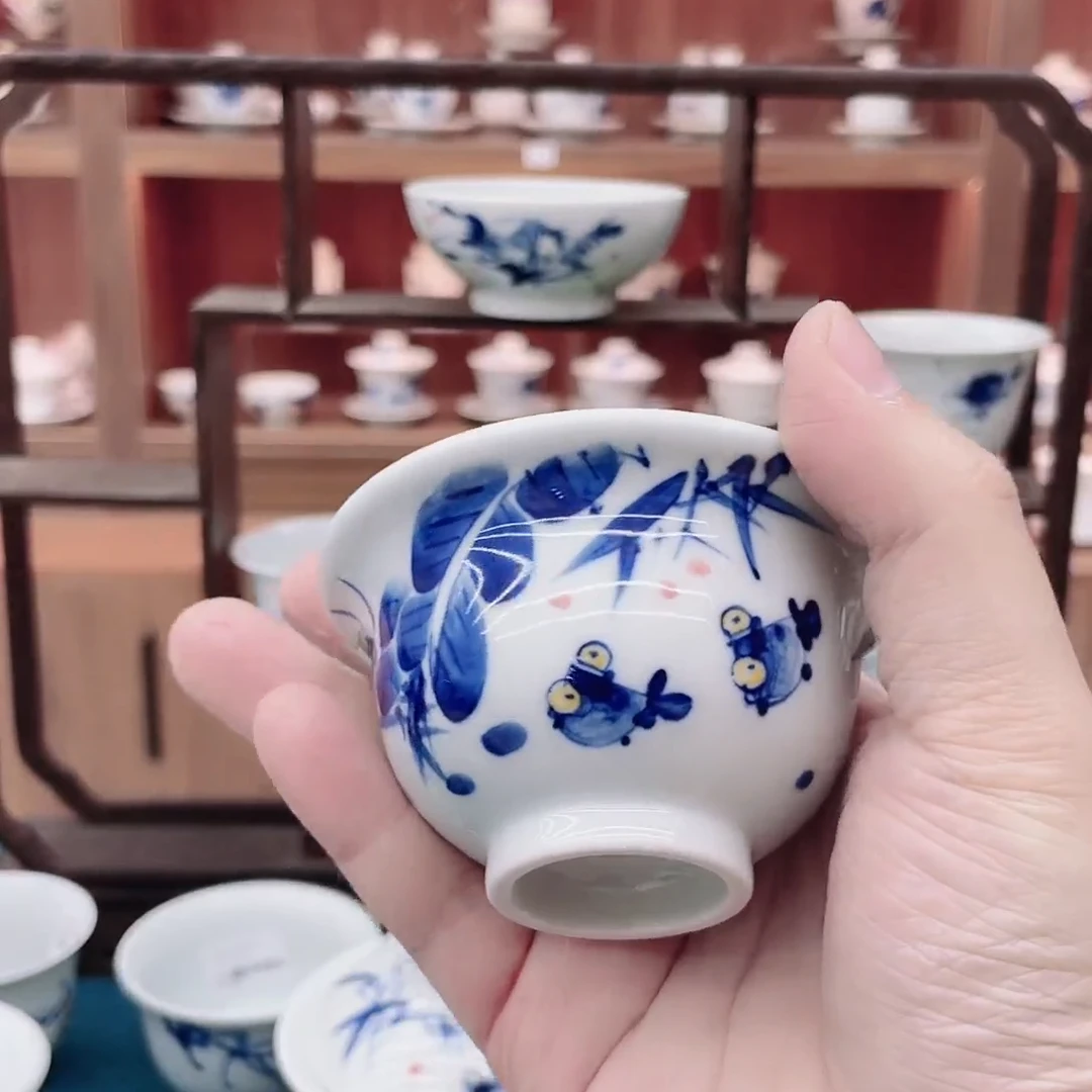 道道鱼藻纹手工手绘压手杯主人杯高白瓷高档礼品茶杯陶瓷釉下彩