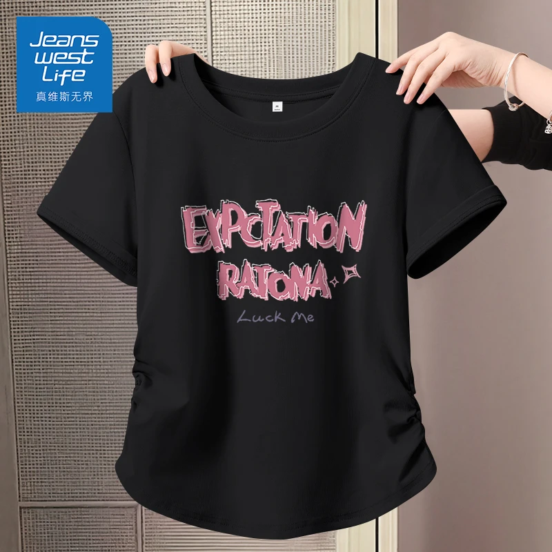 真维斯无界黑色抽褶正肩紧身短T性感风小个子穿搭美式印花ins短袖