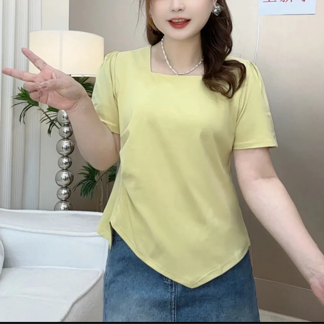 不规则开叉方领褶皱正肩短袖T恤女夏季时尚百搭减龄漂亮小衫上衣