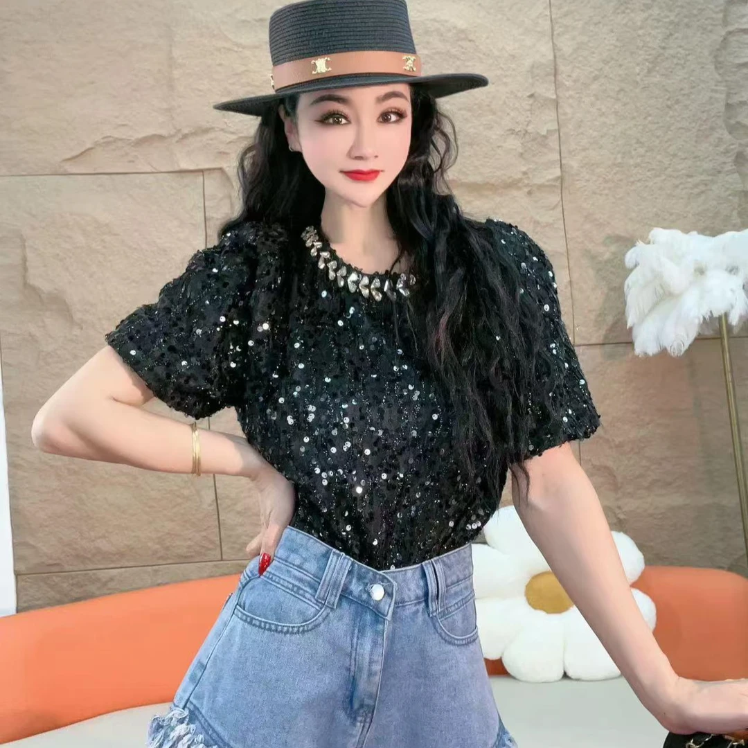 21【凡家衣橱】气质显瘦重工亮片时尚洋气T恤