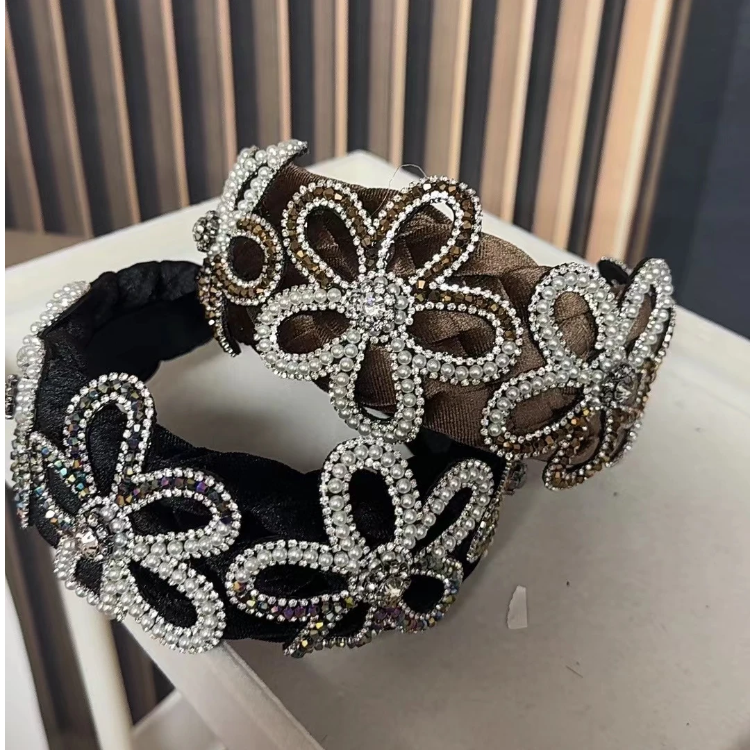 津玲原创新款首发手工水晶花朵满钻宽边发箍法式洋气发卡