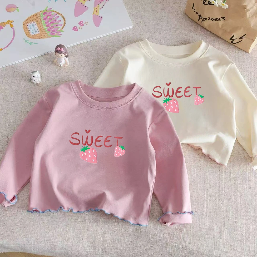 纯棉女童长袖T恤新款宝宝木耳边儿童上衣圆领韩版花边纯色打底衫