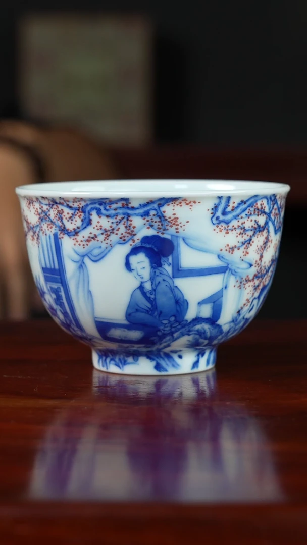 祖传窑真柴窑传承400年点红开窗仕女大杯