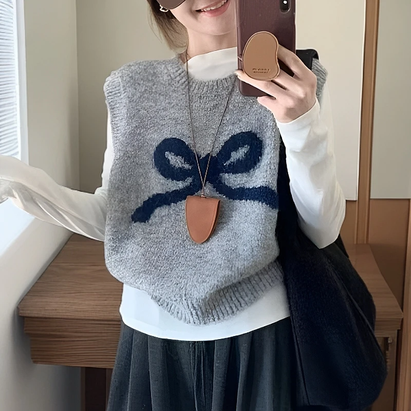 春秋款撞色蝴蝶结无袖针织马甲网红时尚百搭慵懒风上衣女