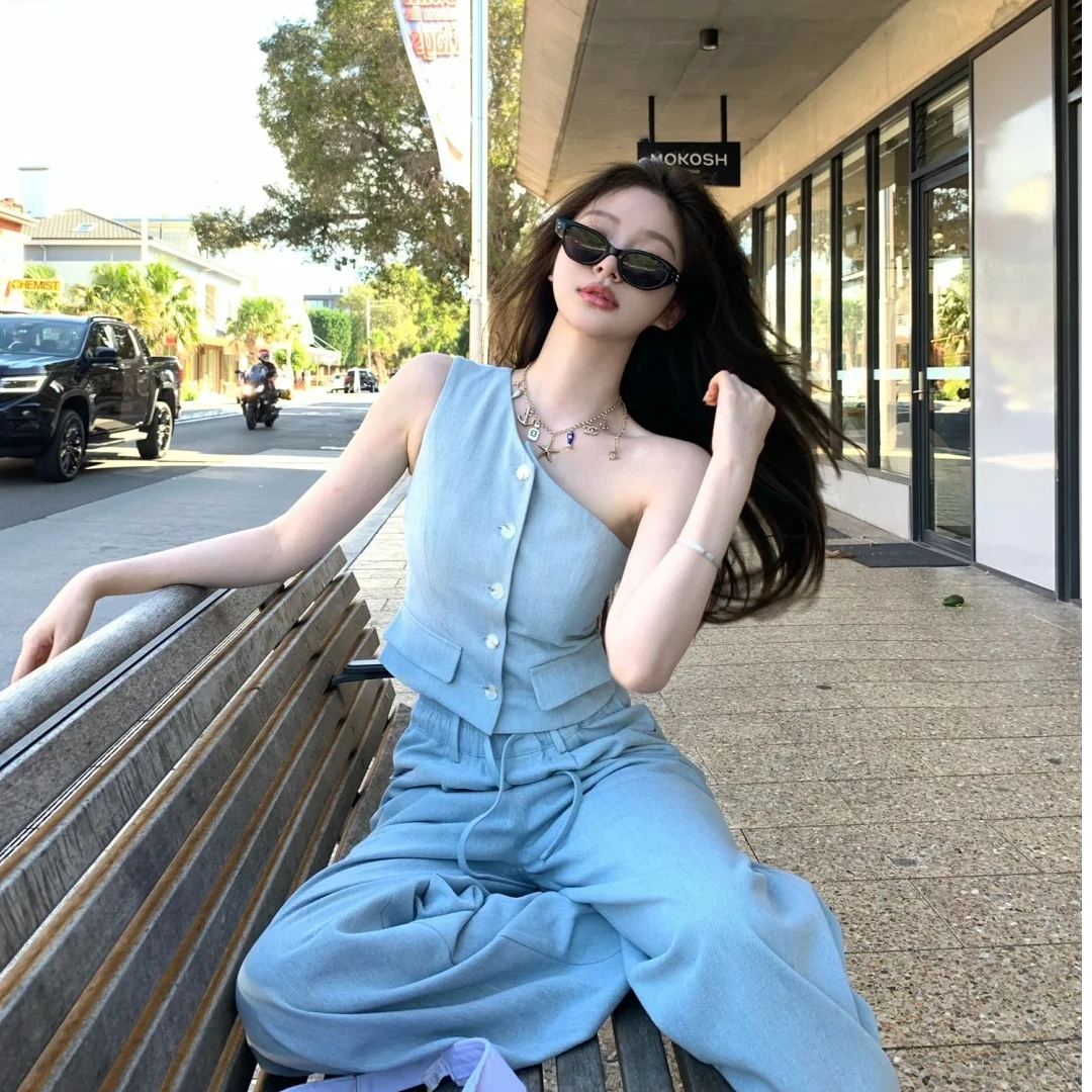 2025春季新款时尚套装气质显瘦洋气休闲百搭性感辣妹斜肩背心长裤