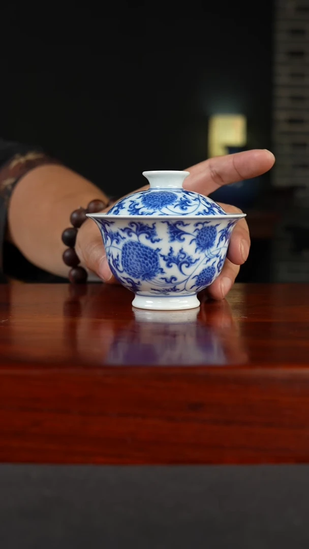 祖传窑真柴窑传承400年缠枝金刚莲二才盖碗