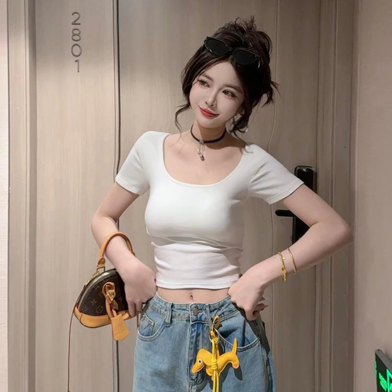 露背设计感双U领短袖T恤女2025夏季新款修身显瘦别致短款百搭上衣