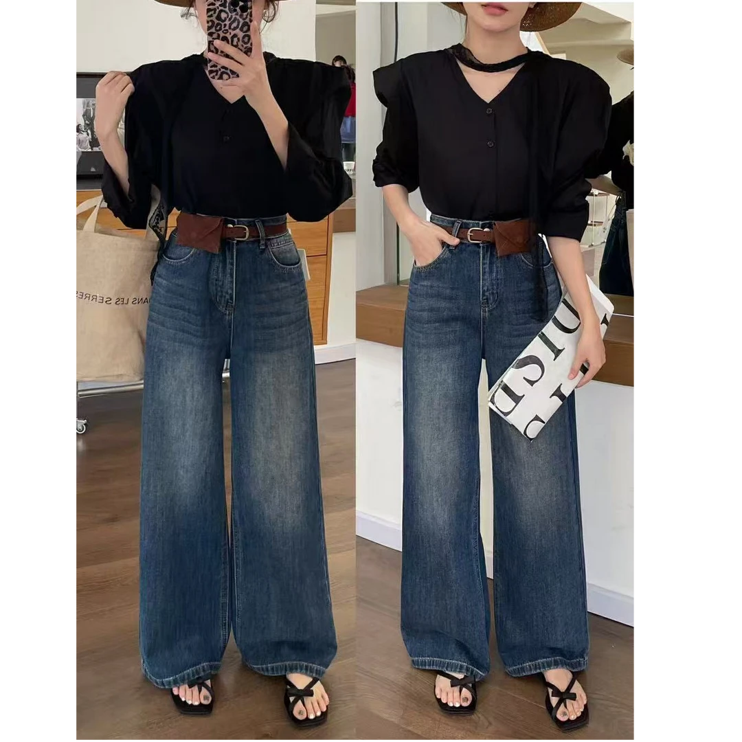 爆单王~爆推单品复古随性风浅蓝窄版直筒阔腿