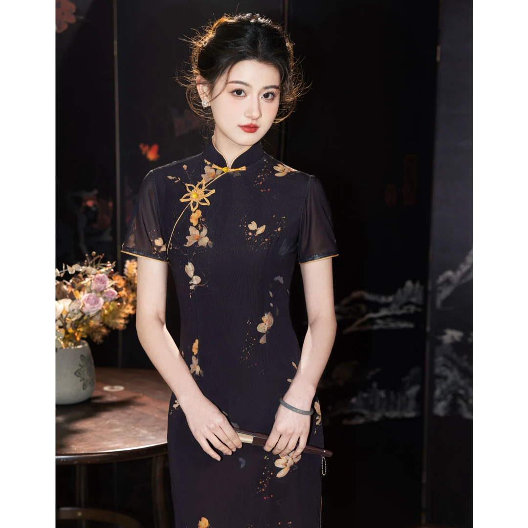年轻款新中式黑色复古国风旗袍2025年夏季新款日常显瘦高端连衣裙