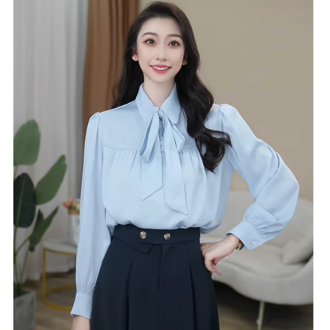 【曼贝】新款蓝色长袖衬衫女高级感气质显瘦职业2025812【甜甜】