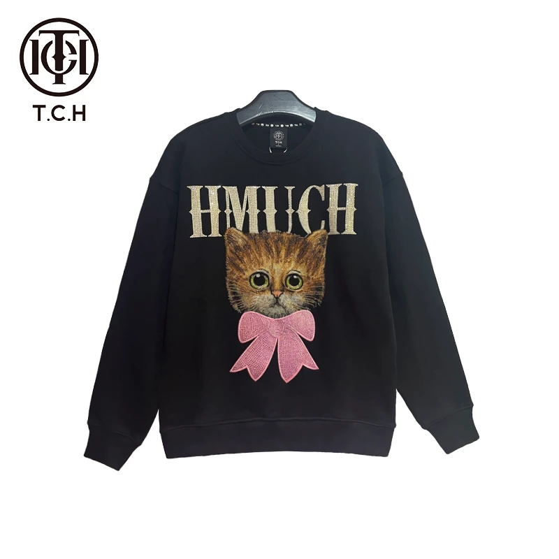 奥莱-TCH潮牌重工刺绣烫钻时尚百搭大眼猫咪黑色卫衣T69D11E6006