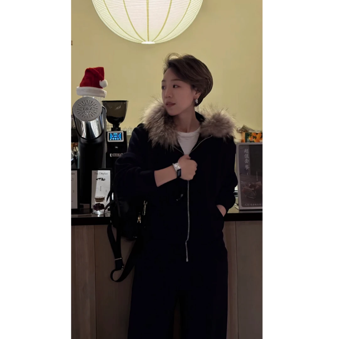 【糯米团子】真毛领可拆卸羊毛混纺连帽上衣+休闲裤套装25439030