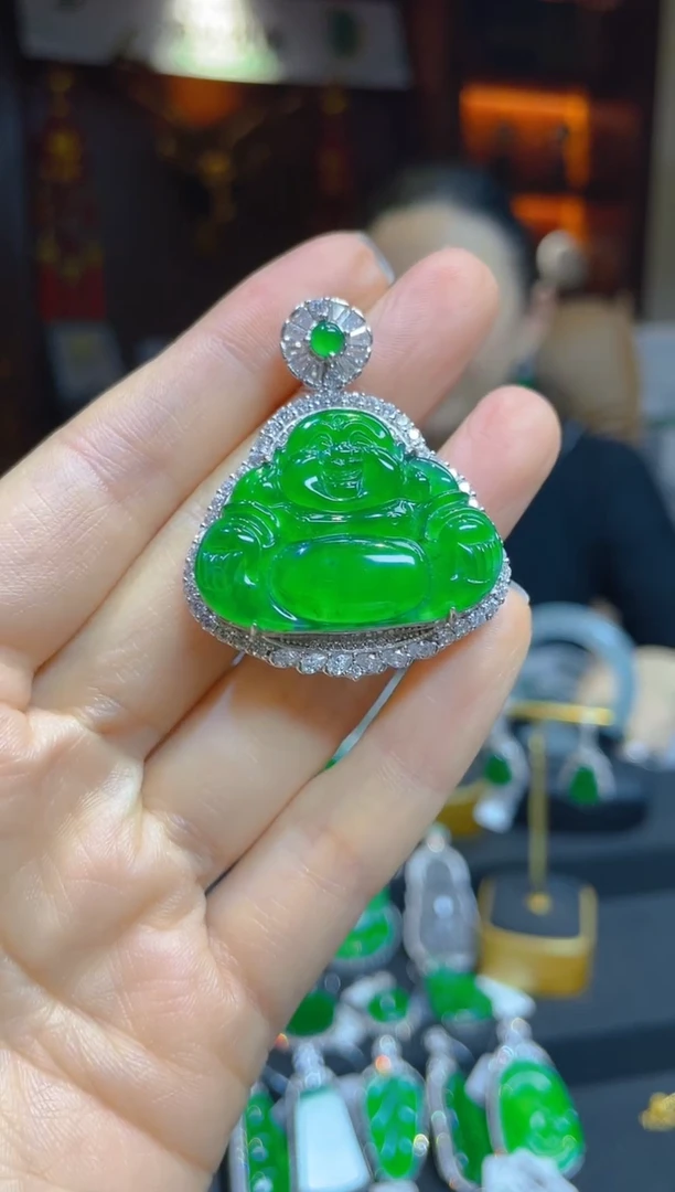 【闪购商品】翡翠颈饰银S925镶嵌110828天然A货翡翠佛公吊坠