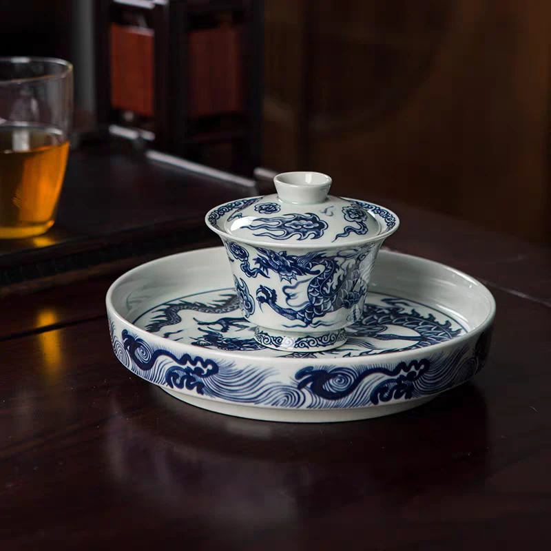 景德镇手工制作仿古泥釉下彩青花瓷穿云龙高端陶瓷茶具三才盖碗