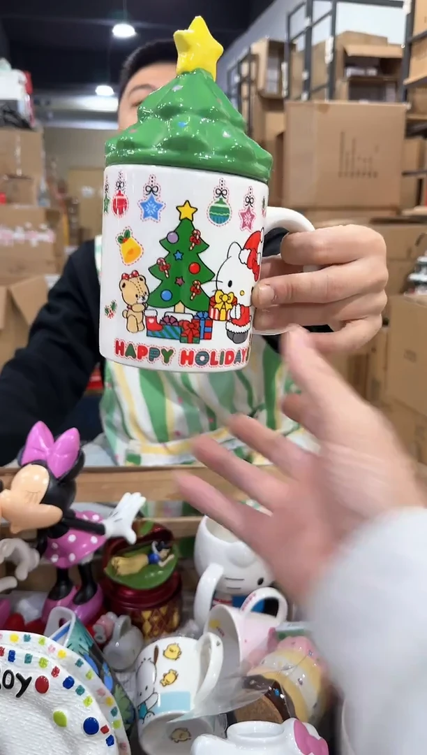 瓷片圣诞树kt猫带盖杯