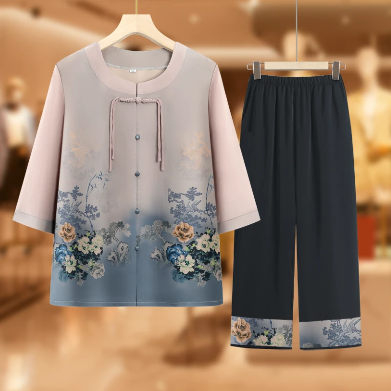 老太太夏装衬衫中老年人女妈妈夏季衬衣套装奶奶宽松两件套薄上衣