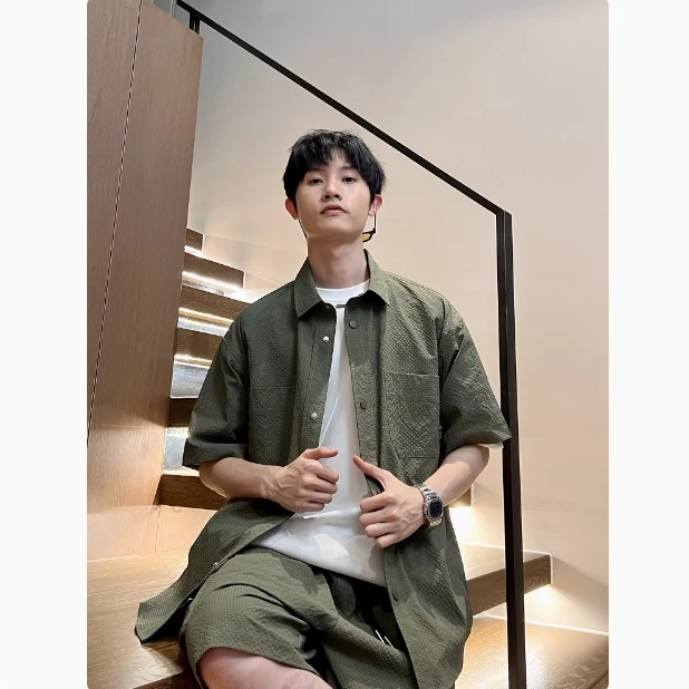 林社长男生夏季新款套装宽松短袖衬衫短裤透气薄款上衣情侣套装潮
