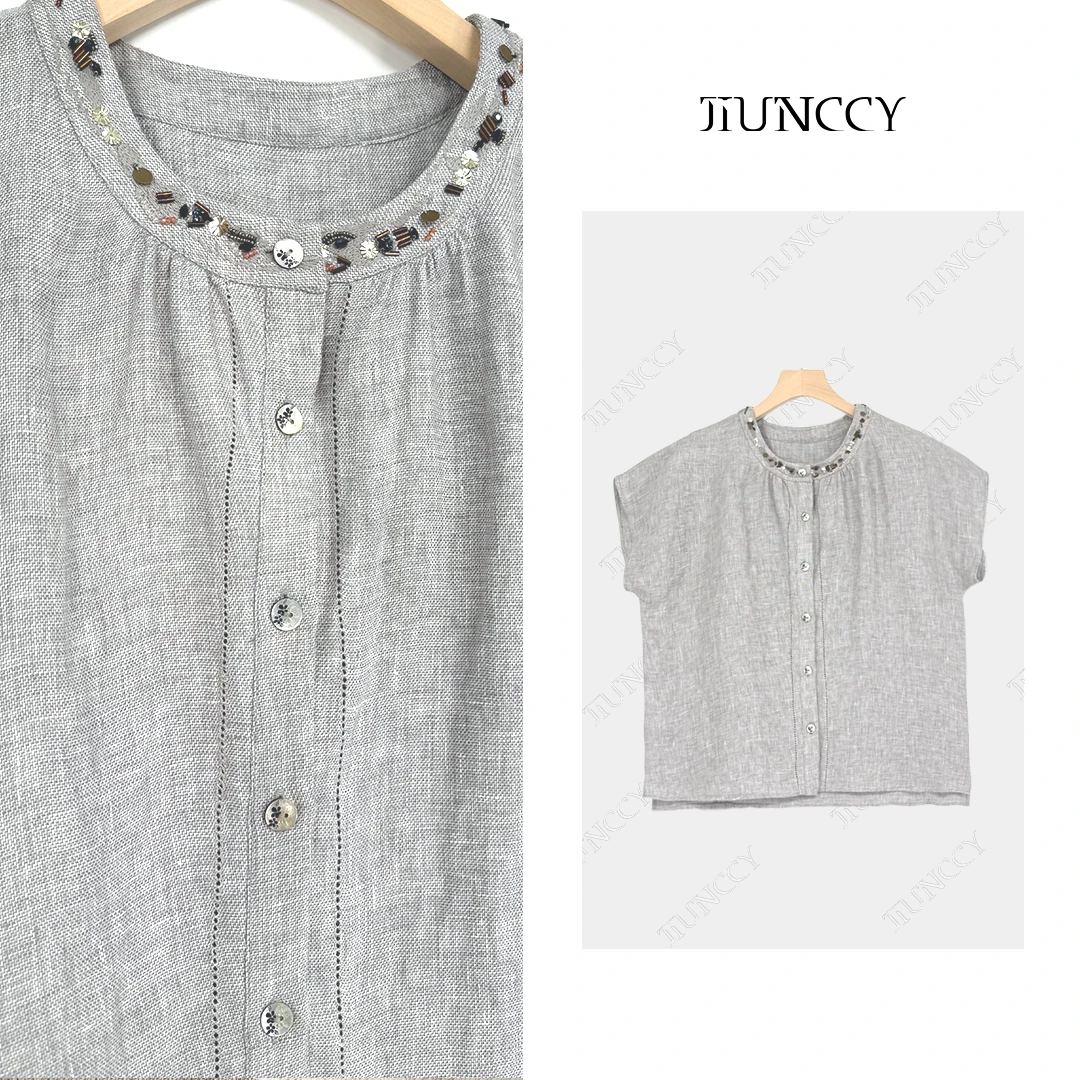 JIUNCCY【拾珠】100亚麻领口绣花手工钉珠开襟连肩短袖上衣52YCY146