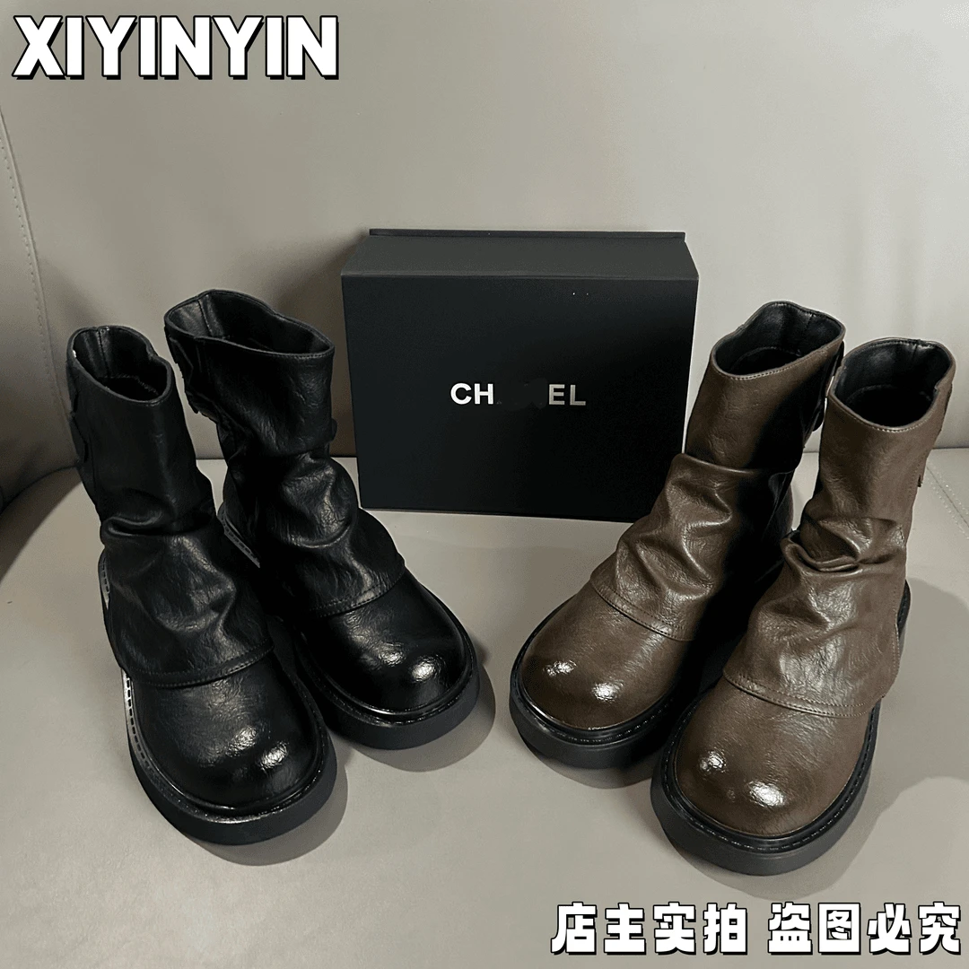 圆头女靴黑色粗跟皮带扣堆堆裤管靴女秋季新款时尚百搭显瘦短靴