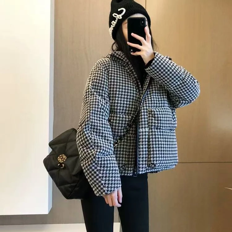 小香风棉服短款百搭宽松格子千鸟格冬季
