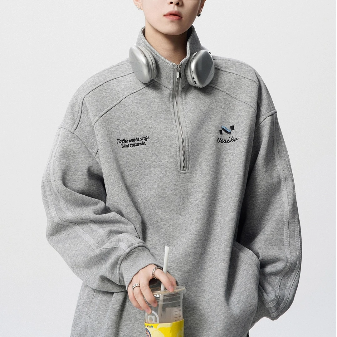 美式潮牌刺绣POLO衫男冬高街复古半拉链立领外套宽松运动长袖卫衣