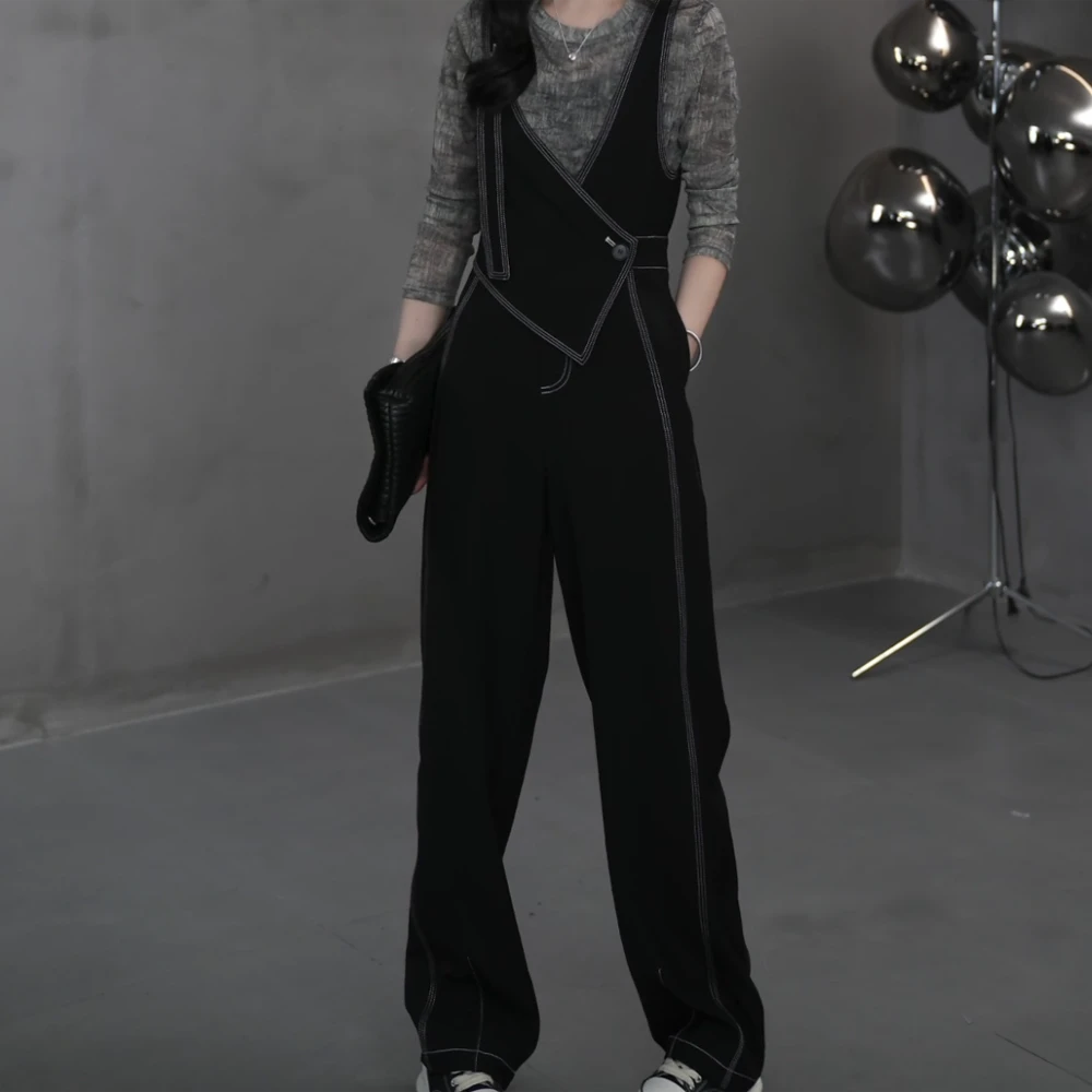 时尚重工设计师双肩带酷飒风纯色显瘦连体裤休闲裤裤子