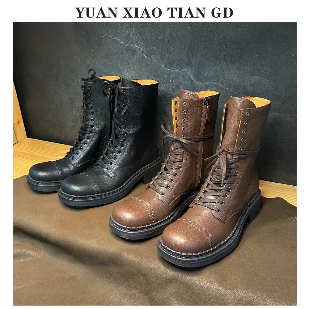 TEXTURE-缪家款西部牛仔短筒短靴系带机车骑士靴女侧拉链时装靴