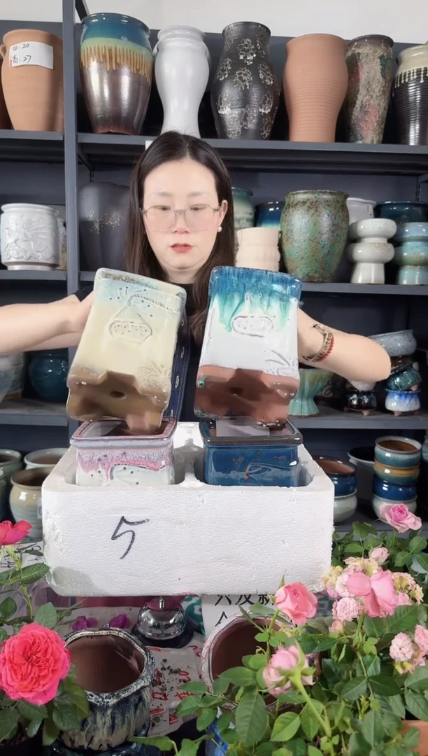 方形陶盆四个装口10高14