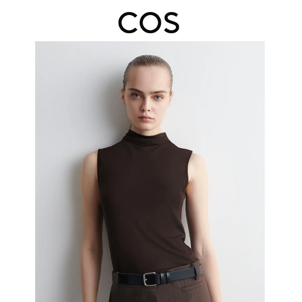 COS女装 修身版型垂褶立领T恤深棕色2025夏季新品1288374001