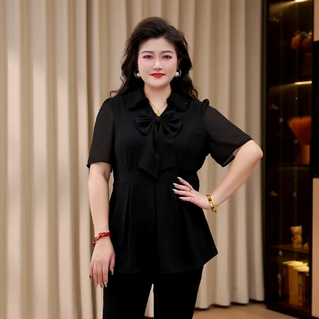 胖晶晶定制大码女装夏季新款宽松遮肉蝴蝶结气质短袖上衣ZB6935