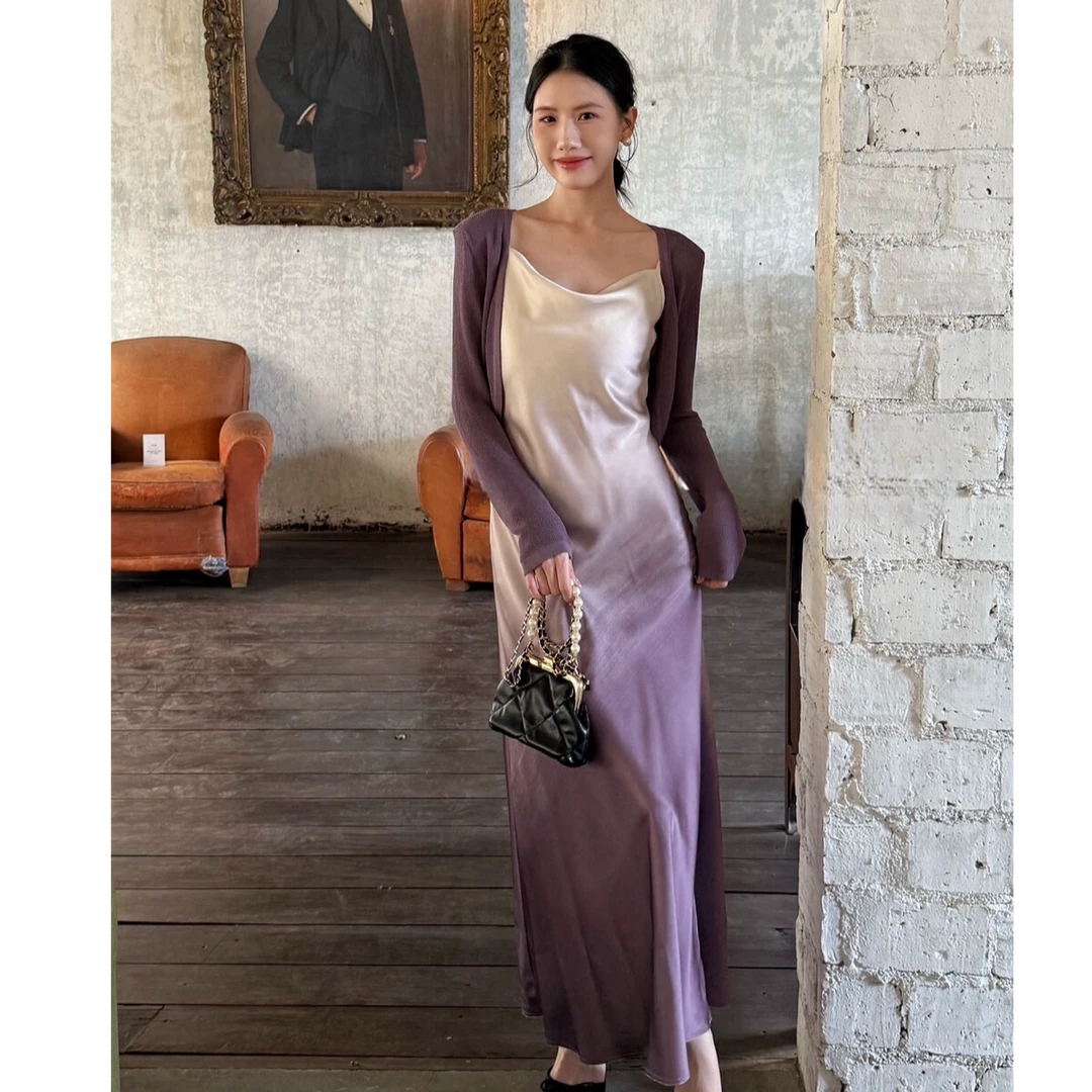 JIAHUI紫色吊带缎面连衣裙女2025秋季气质针织开衫配裙子两件套装