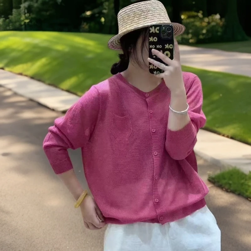 （如意姐）夏季薄款蝙蝠袖时尚宽松显瘦纯色V领针织防晒开衫8899