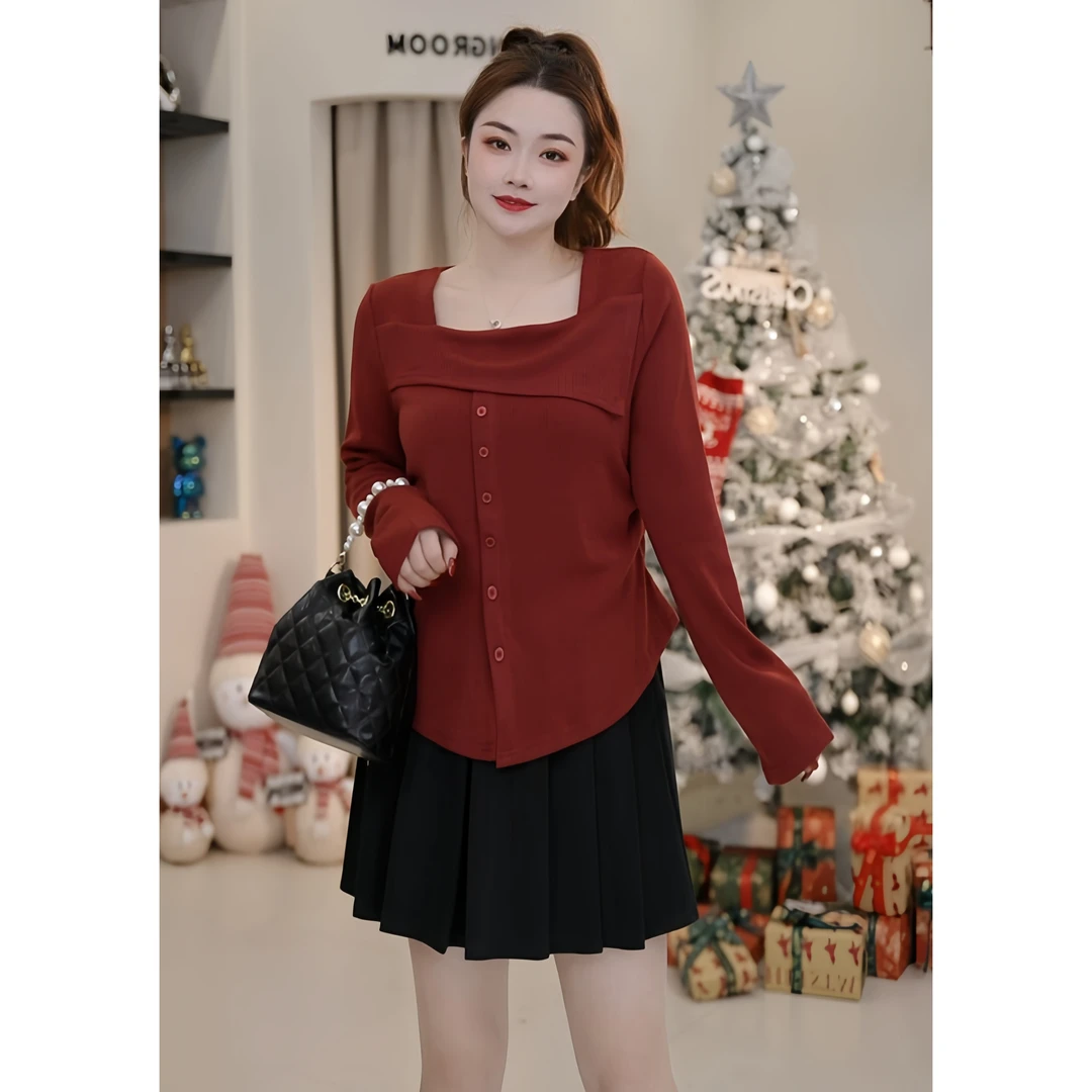 梦丞大码女装胖mm方领收腰显瘦正肩长袖T恤小众休闲遮肚气质上衣