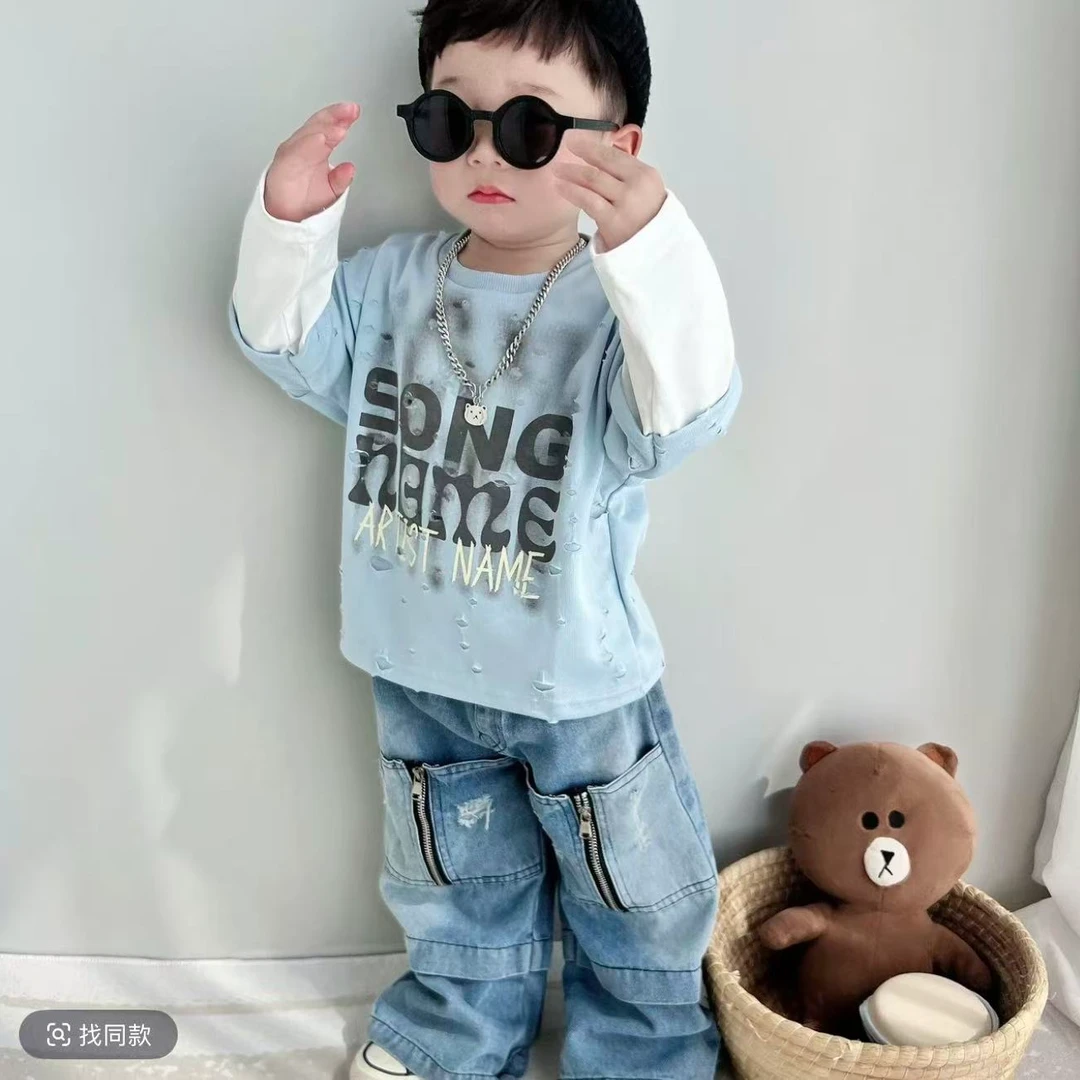 男童春季2025新款假两件韩版宽松舒适洋气儿童卫衣破边痞帅套装潮