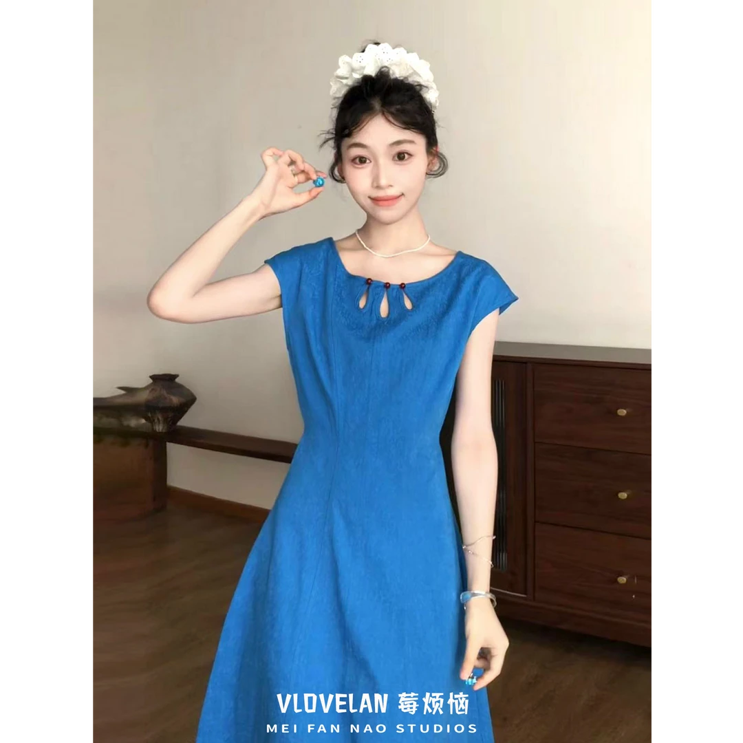 孔雀蓝镂空绝美长裙女款夏季复古端庄大方得体优雅收腰无袖连衣裙