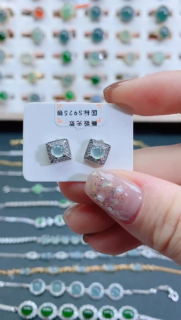 银S925镶嵌翡翠耳饰天然翡翠