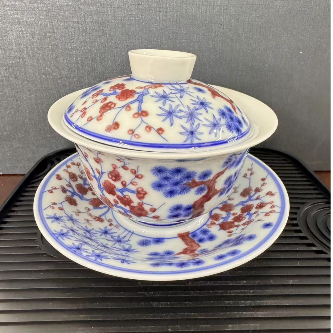 景德镇青花梅花三友中国风家用盖碗壶承高端茶具高温烧制而成